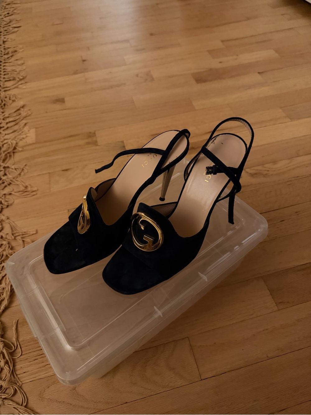 Gucci Black Velvet Slingback Heels with Gold Double-G Accent